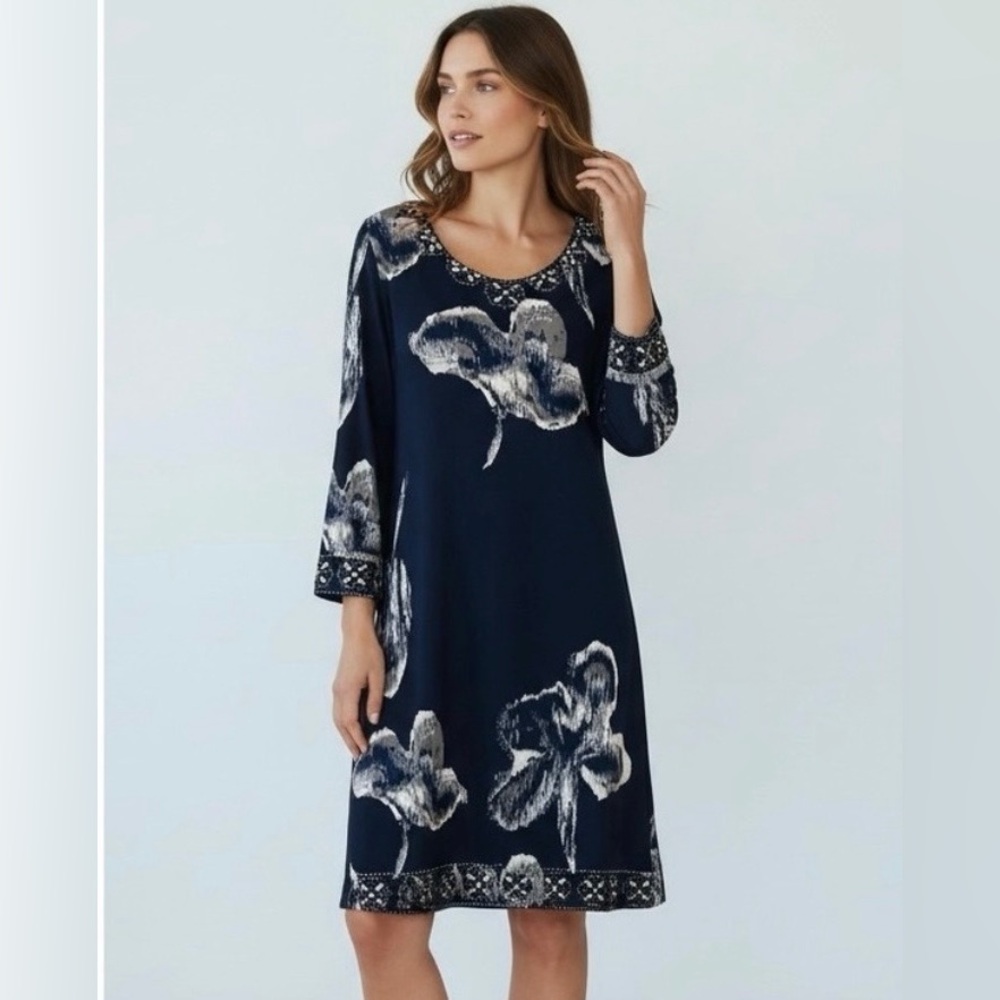 INC International Concepts Small ‎  Navy Blue Floral Beaded 3/4 Sleeve Dress